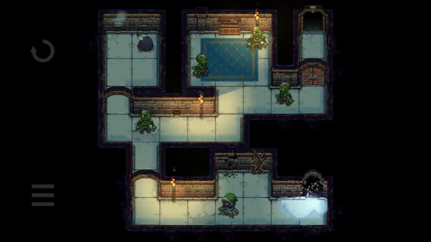 Schermata di Dungeons of Dreadrock: un livello completo di corridoi in pietra con quattro guardie verdi, torce accese e una pozza d'acqua, tutto visibile in una sola schermata senza scorrimento.