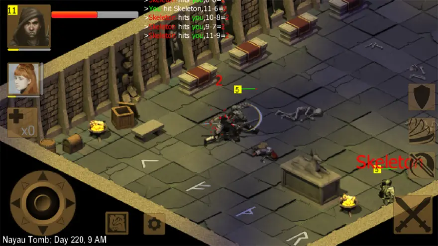 Schermata di Exiled Kingdoms: una tomba in vista isometrica con sarcofagi, scheletri in combattimento, il registro dei colpi in alto e la scritta Nayau Tomb, Day 220 in basso a sinistra.